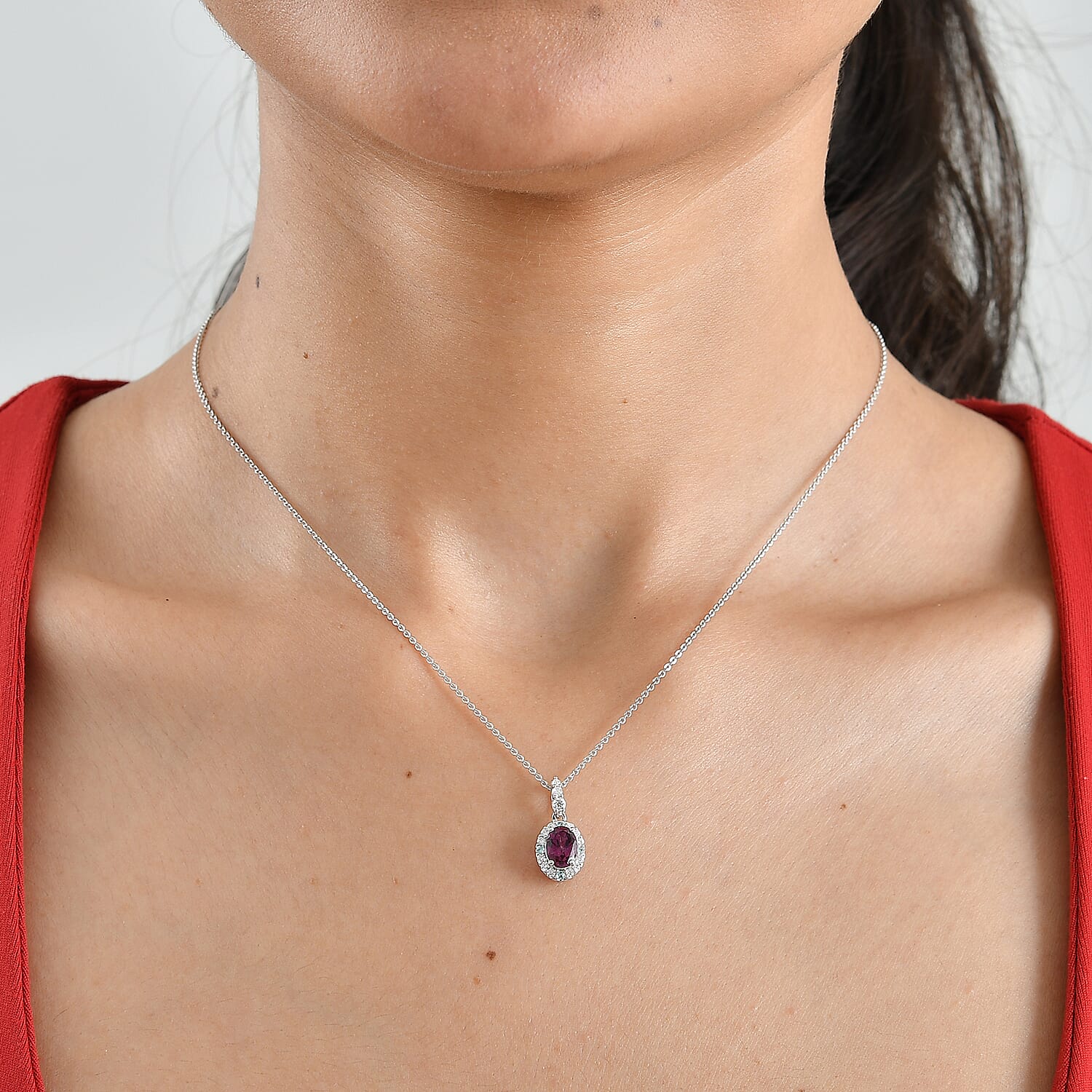 Certified and Appraised D'Joy Premium Radiant Ember Garnet, Moissanite and Paraiba Tourmaline 0.90 ctw Pendant Necklace (18 Inches) in Rhodium Over Sterling Silver