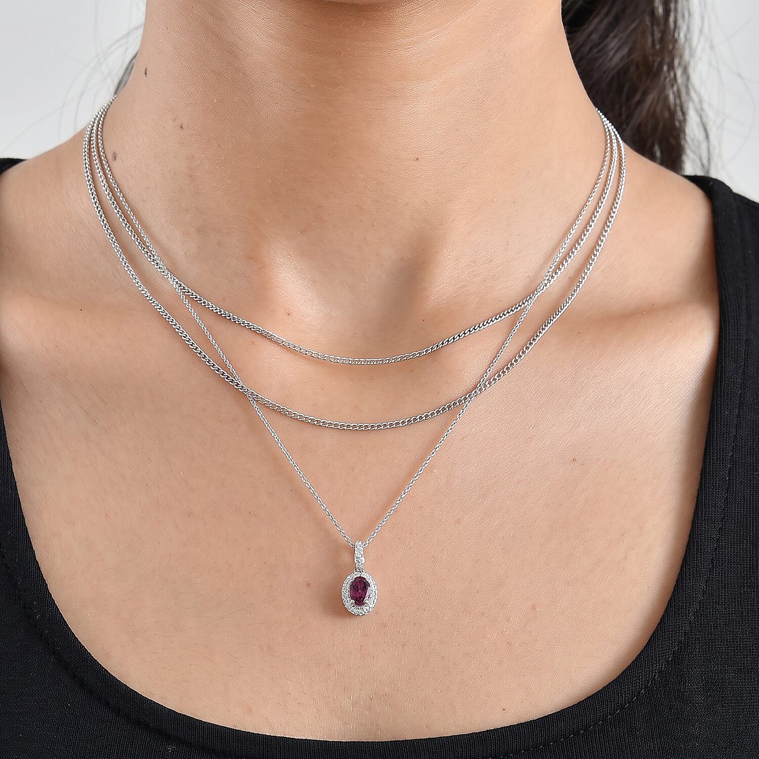 Certified and Appraised D'Joy Premium Radiant Ember Garnet, Moissanite and Paraiba Tourmaline 0.90 ctw Pendant Necklace (18 Inches) in Rhodium Over Sterling Silver