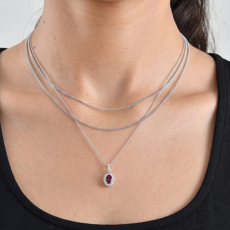 Certified and Appraised D'Joy Premium Radiant Ember Garnet, Moissanite and Paraiba Tourmaline 0.90 ctw Pendant Necklace (18 Inches) in Rhodium Over Sterling Silver
