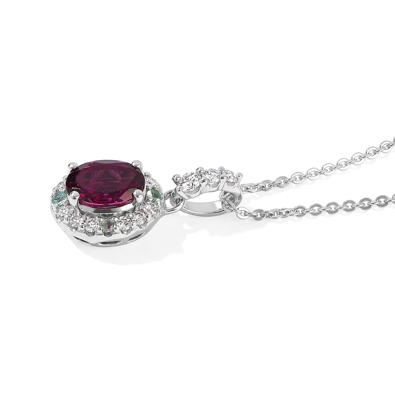 Certified and Appraised D'Joy Premium Radiant Ember Garnet, Moissanite and Paraiba Tourmaline 0.90 ctw Pendant Necklace (18 Inches) in Rhodium Over Sterling Silver