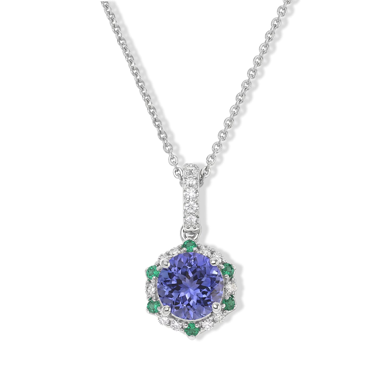 Certified and Appraised D'Joy Premium Tanzanite, Moissanite and Paraiba Tourmaline 1.67 ctw Pendant Necklace (18 Inches) in Rhodium Over Sterling Silver