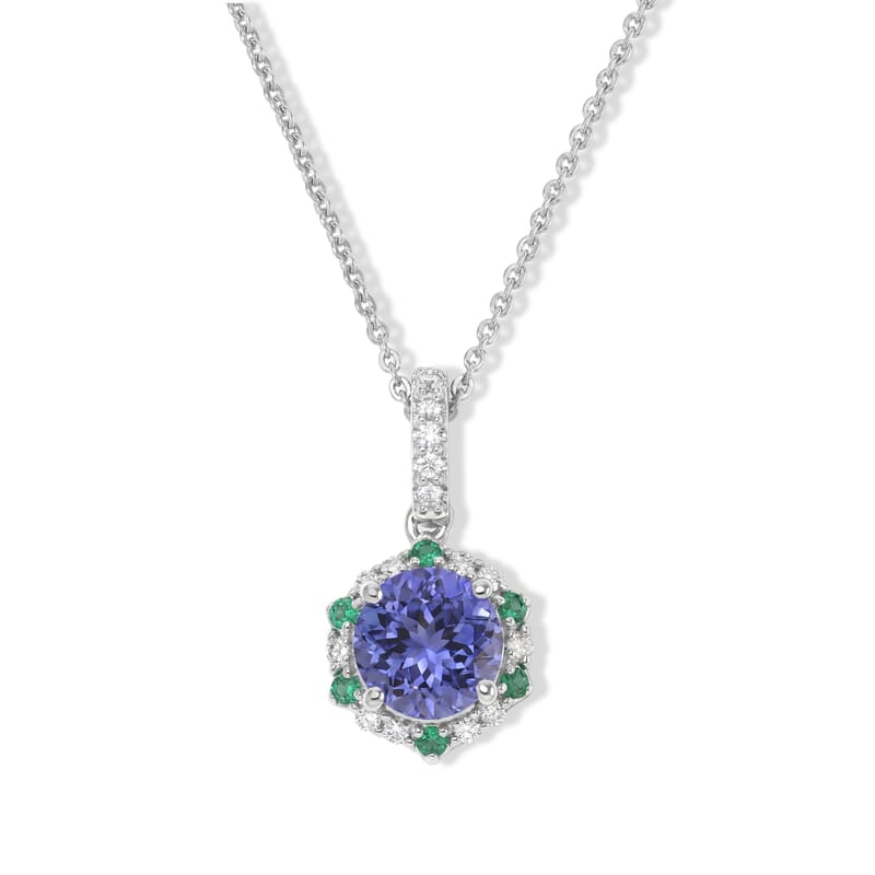 Certified and Appraised D'Joy Premium Tanzanite, Moissanite and Paraiba Tourmaline 1.67 ctw Pendant Necklace (18 Inches) in Rhodium Over Sterling Silver