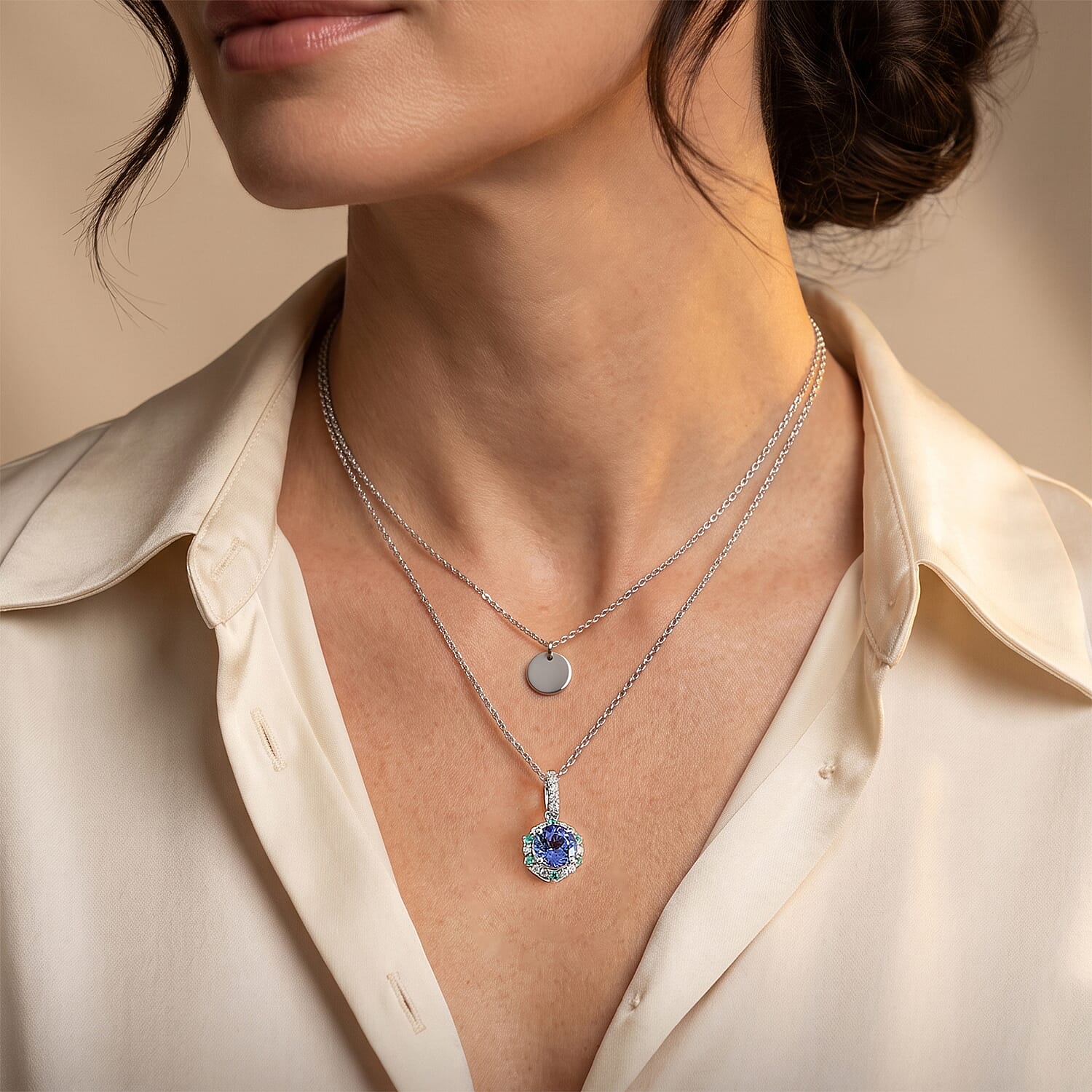 Certified and Appraised D'Joy Premium Tanzanite, Moissanite and Paraiba Tourmaline 1.67 ctw Pendant Necklace (18 Inches) in Rhodium Over Sterling Silver