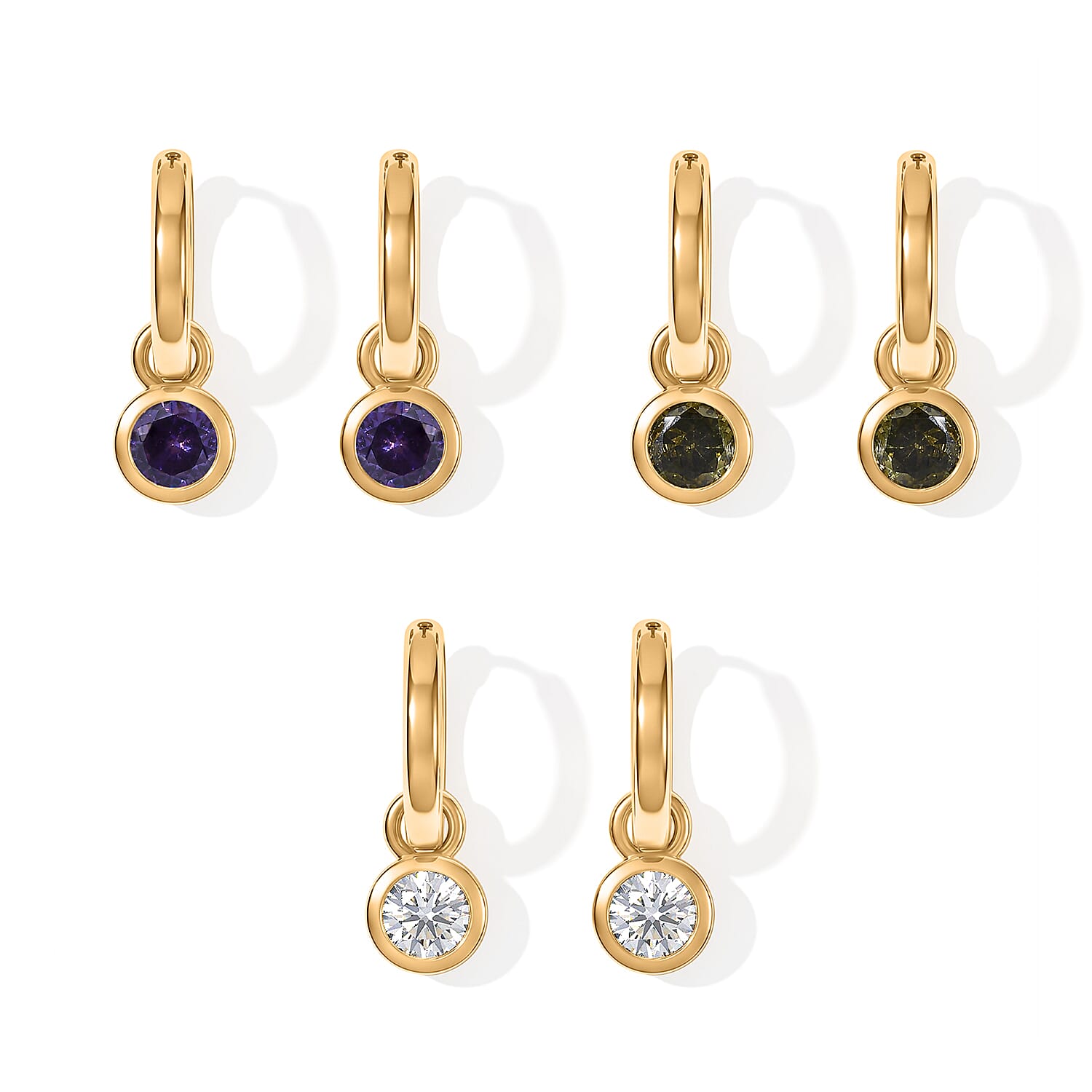 EverTrue Simulated Multi Diamond Set of 3 J Hoop Earrings in 18K YG Plated (Ships in 10-12 Days) 4.60 ctw