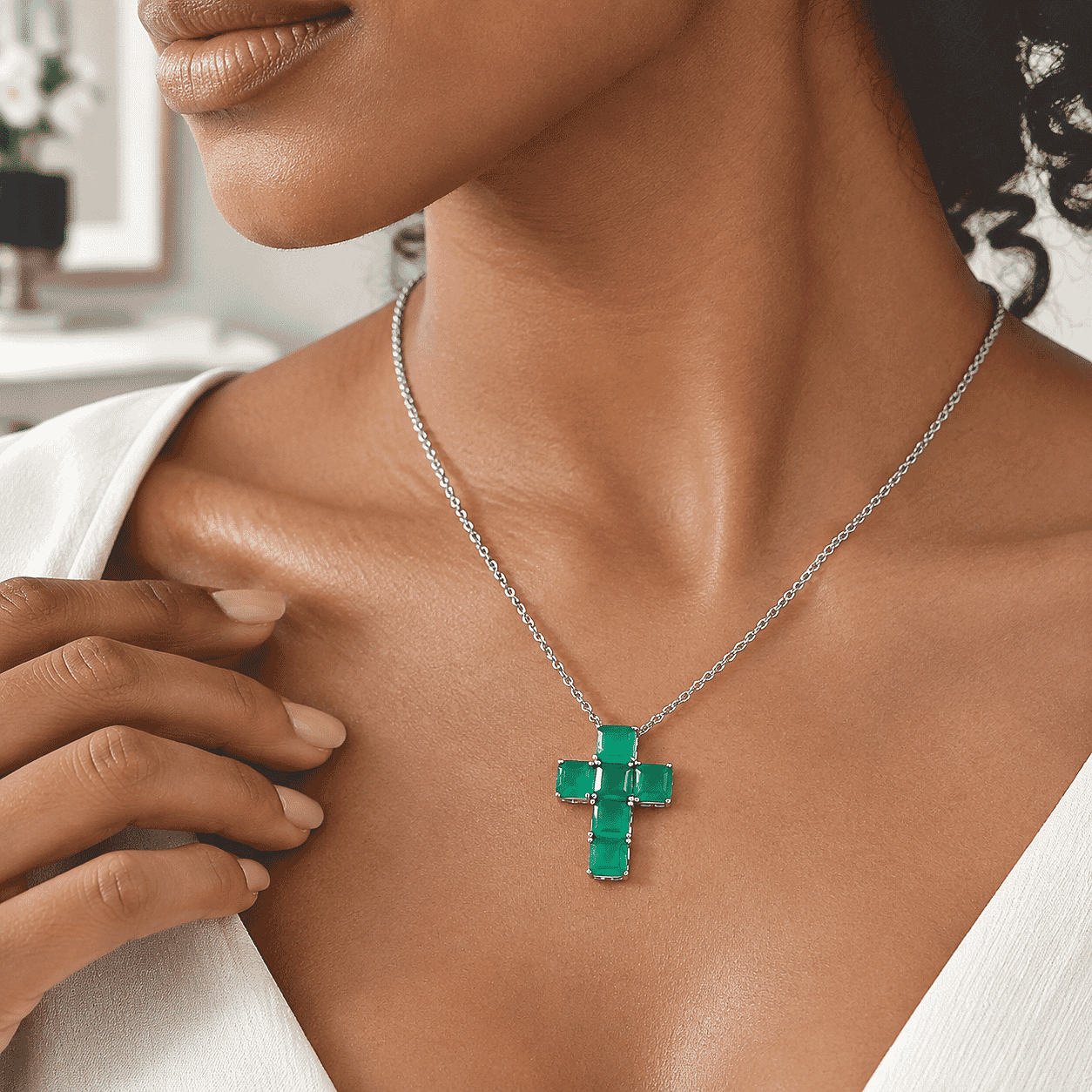 EverTrue Verde Onyx 6.00 ctw Cross Pendant in Platinum Bond with Stainless Steel Necklace 20 Inches