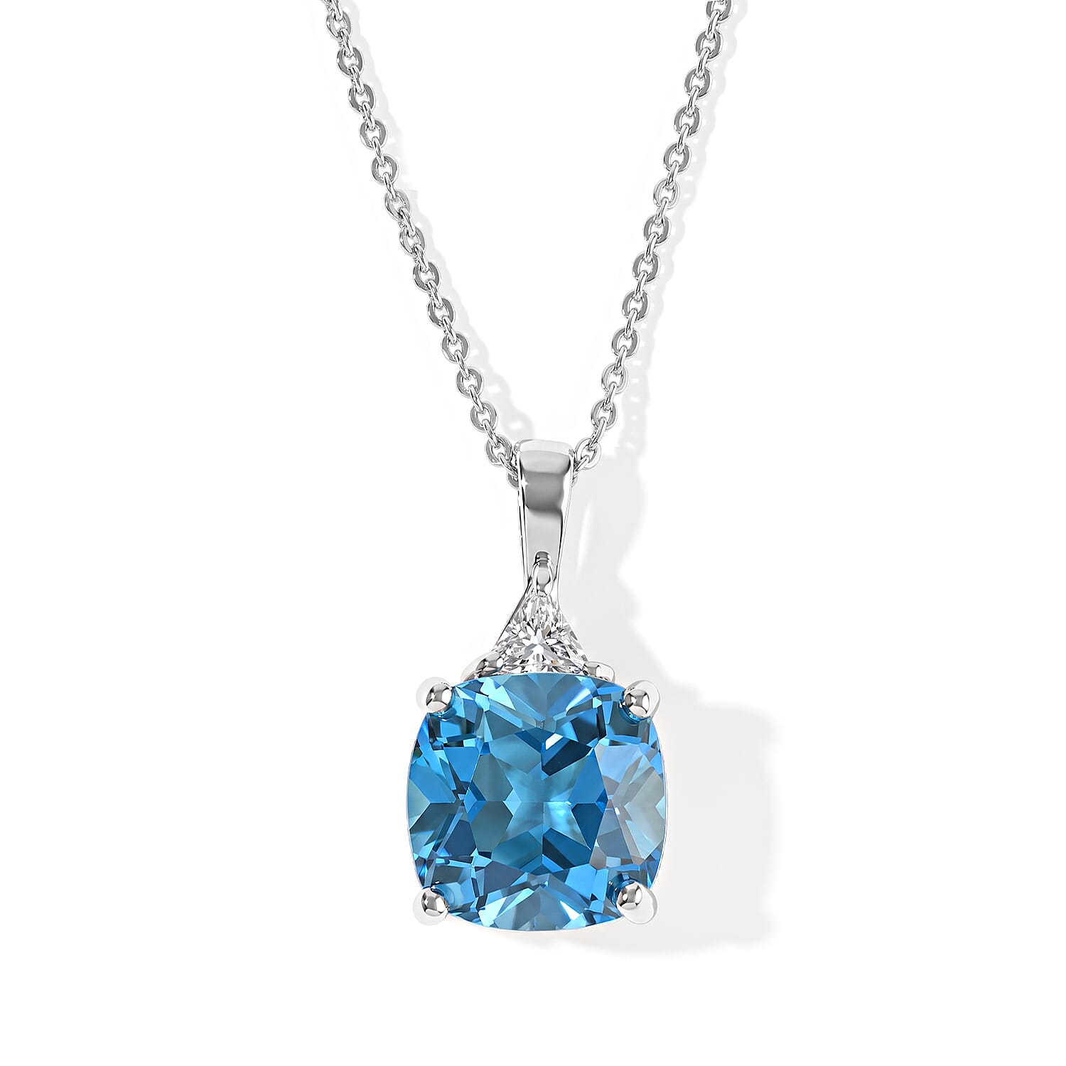 D''Joy Premium Certified Swiss Blue Topaz and Moissanite 5.60 ctw Pendant Necklace in Rhodium Over Sterling Silver 20 Inches