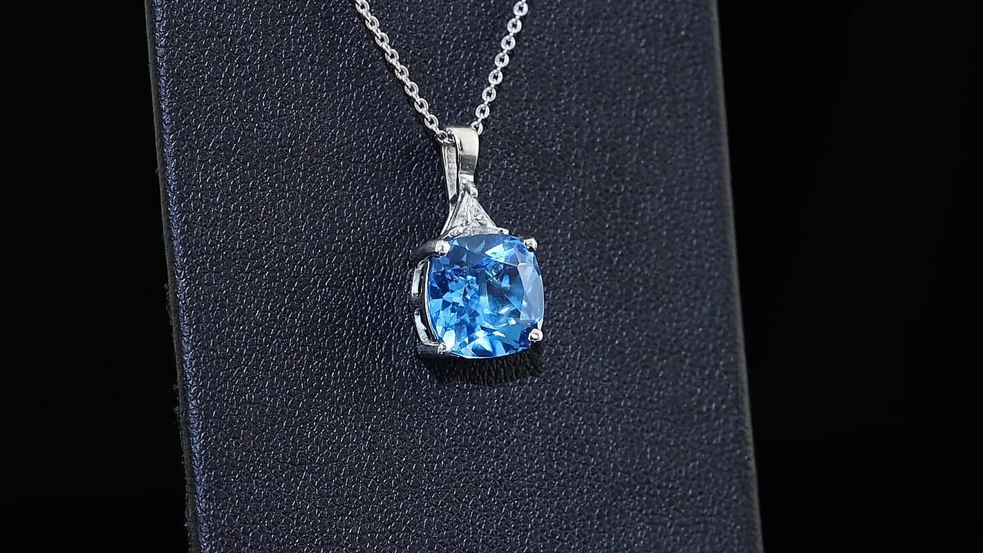 D''Joy Premium Certified Swiss Blue Topaz and Moissanite 5.60 ctw Pendant Necklace in Rhodium Over Sterling Silver 20 Inches