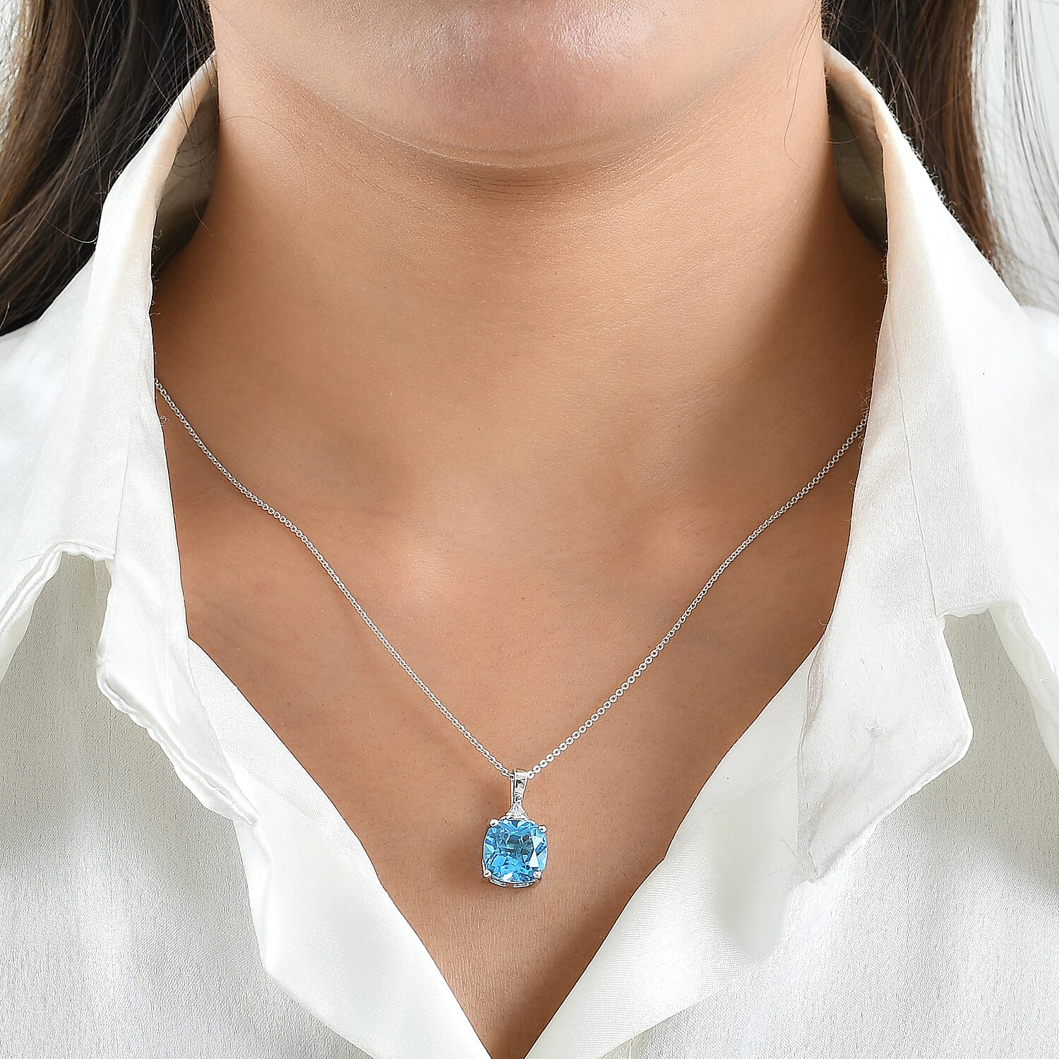 D'Joy Premium Swiss Blue Topaz and Moissanite 5.60 ctw Oceanic Grace Pendant Necklace in Rhodium Over Sterling Silver 20 Inches