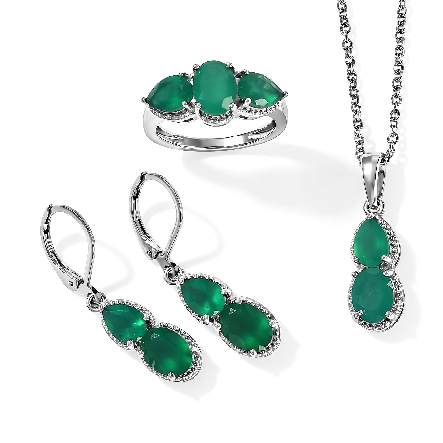 EverTrue Verde Onyx 7.10 ctw Earrings, Ring (Size 5.0) and Pendant in Platinum Bond with Stainless Steel Necklace 20 Inches