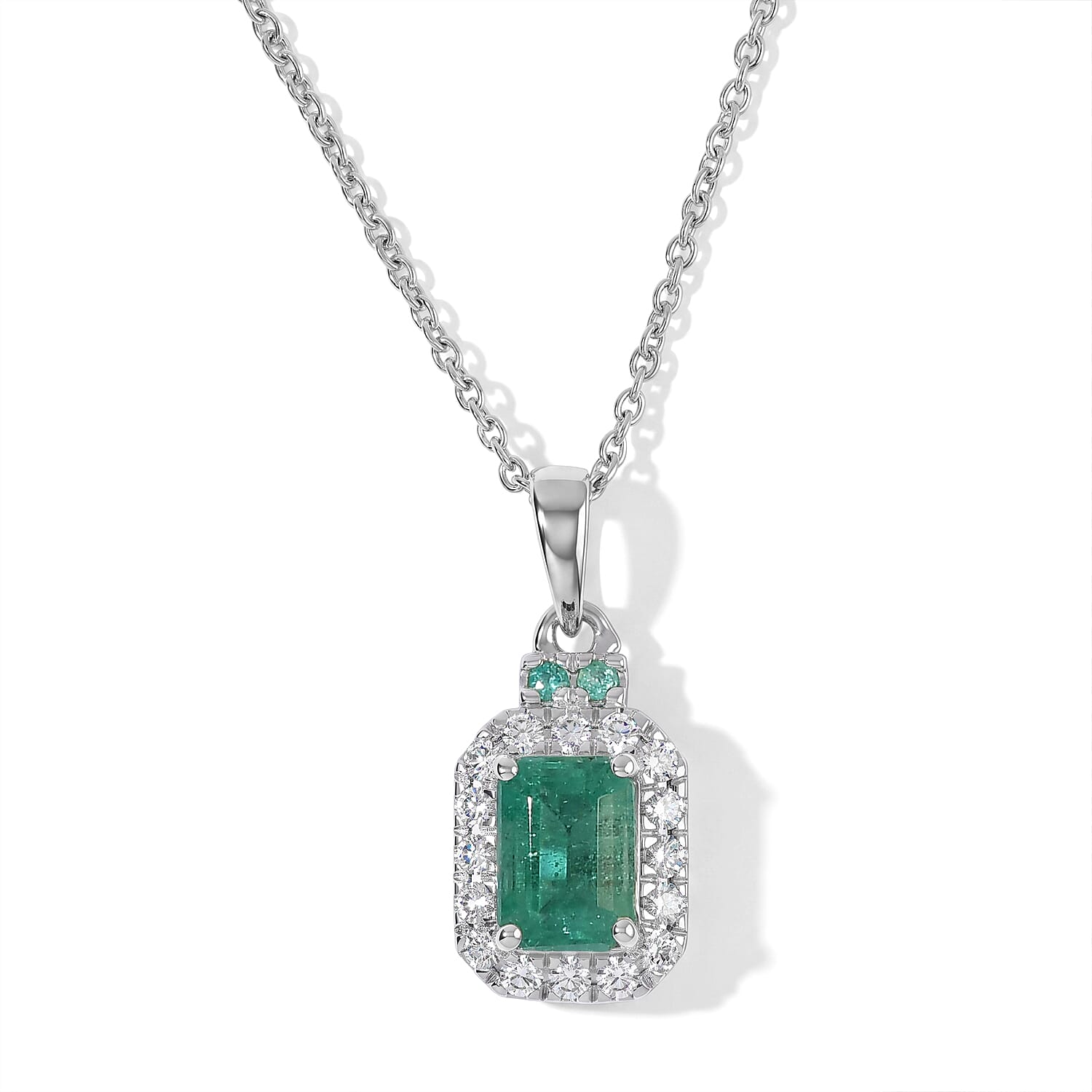 Certified and Appraised D'Joy Premium Kagem Zambian Emerald, Moissanite and Paraiba Tourmaline 1.37 ctw Pendant Necklace (18 Inches) in Rhodium Over Sterling Silver