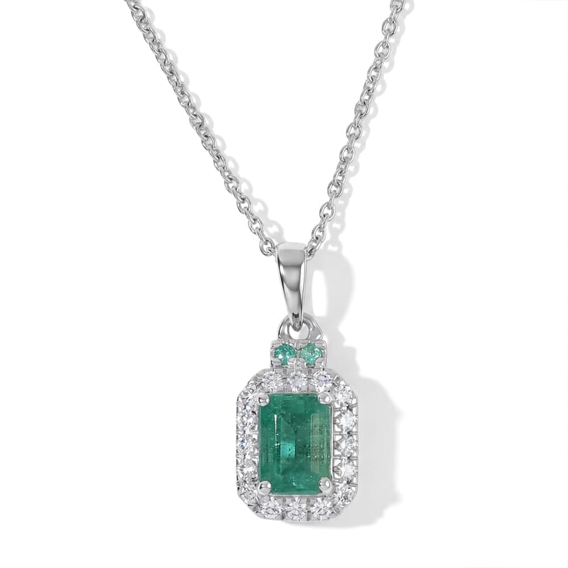 Certified and Appraised D'Joy Premium Kagem Zambian Emerald, Moissanite and Paraiba Tourmaline 1.37 ctw Pendant Necklace (18 Inches) in Rhodium Over Sterling Silver