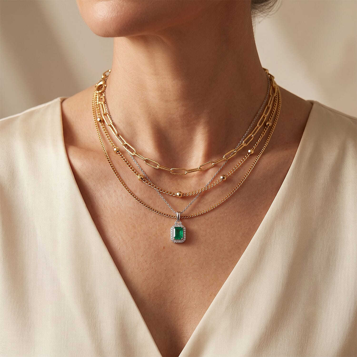 Certified and Appraised D'Joy Premium Kagem Zambian Emerald, Moissanite and Paraiba Tourmaline 1.37 ctw Pendant Necklace (18 Inches) in Rhodium Over Sterling Silver