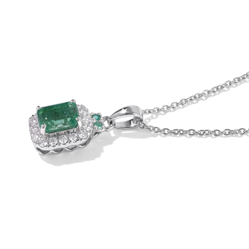 Certified and Appraised D'Joy Premium Kagem Zambian Emerald, Moissanite and Paraiba Tourmaline 1.37 ctw Pendant Necklace (18 Inches) in Rhodium Over Sterling Silver