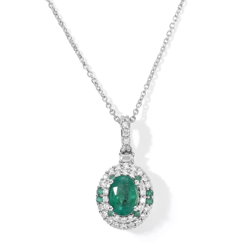Certified and Appraised D'Joy Premium Kagem Zambian Emerald, Moissanite and Paraiba Tourmaline 1.96 ctw Pendant Necklace (18 Inches) in Rhodium Over Sterling Silver