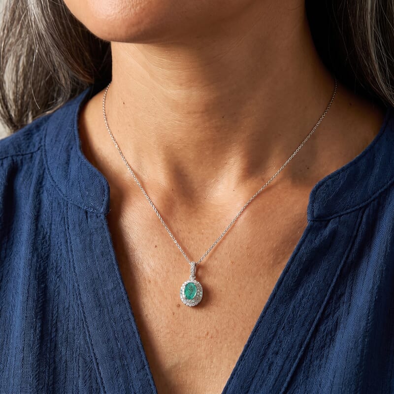 Certified and Appraised D'Joy Premium Kagem Zambian Emerald, Moissanite and Paraiba Tourmaline 1.96 ctw Pendant Necklace (18 Inches) in Rhodium Over Sterling Silver
