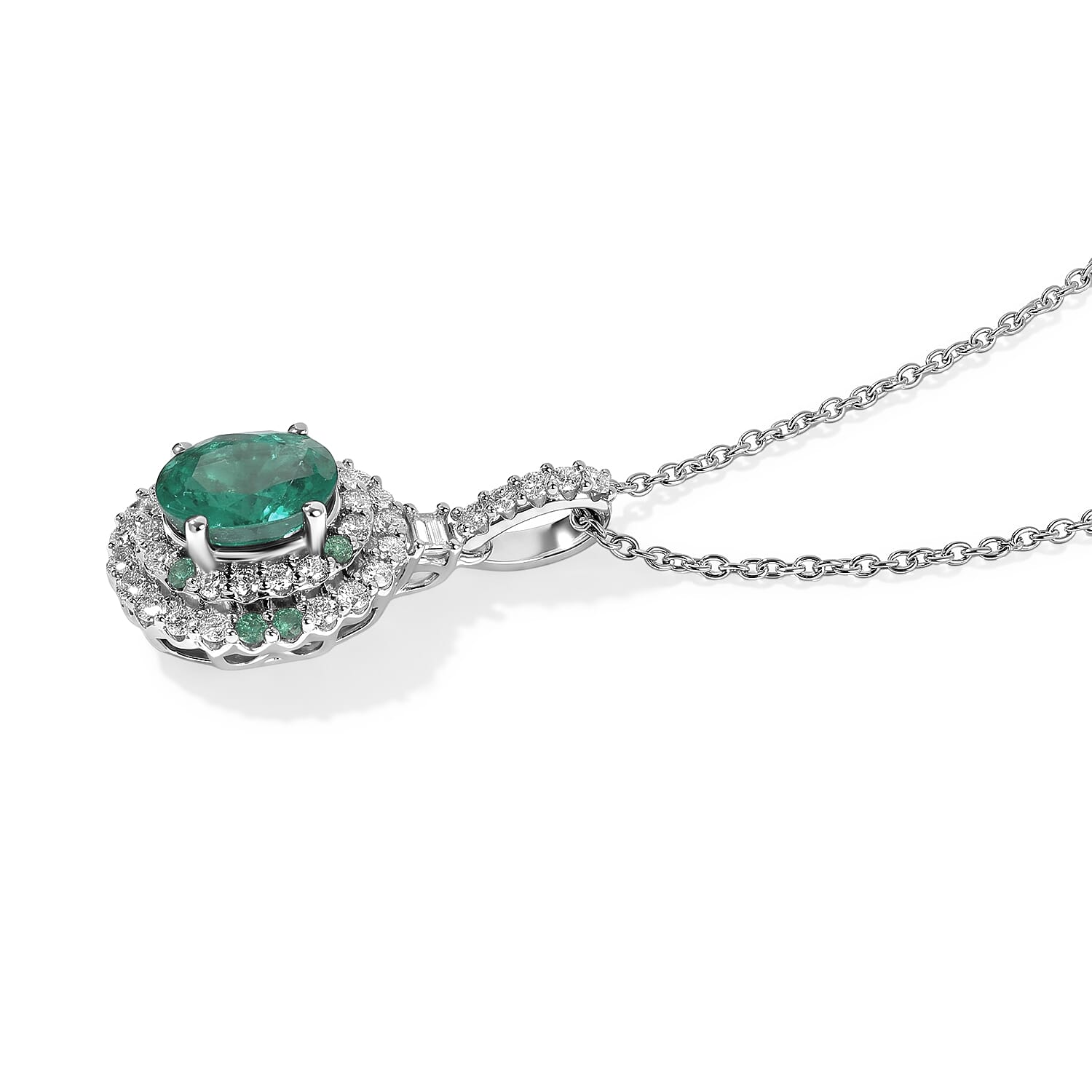 Certified and Appraised D'Joy Premium Kagem Zambian Emerald, Moissanite and Paraiba Tourmaline 1.96 ctw Pendant Necklace (18 Inches) in Rhodium Over Sterling Silver