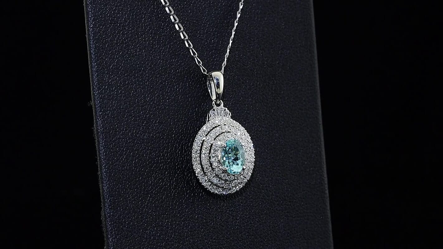 Certified and Appraised Rhapsody 950 Platinum AAAA Paraiba Tourmaline, Diamond (E-F, VS) (0.70 cts) Pendant Necklace (20 Inches) (4 g) 1.41 ctw
