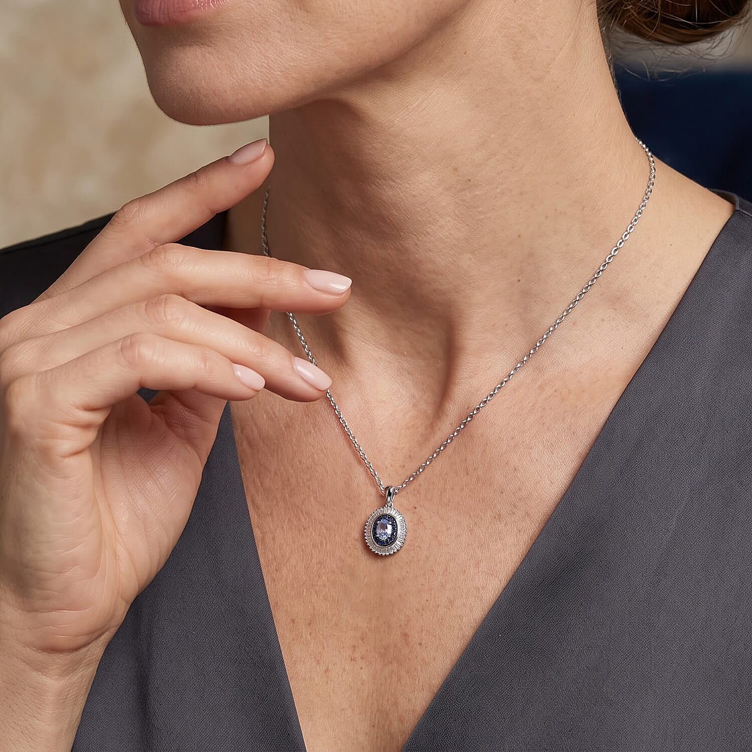 D'Joy Premium Ceylon Blue Sapphire and Blue Sapphire, Diamond 1.10 ctw Pendant Necklace in Rhodium Over Sterling Silver 20 Inches