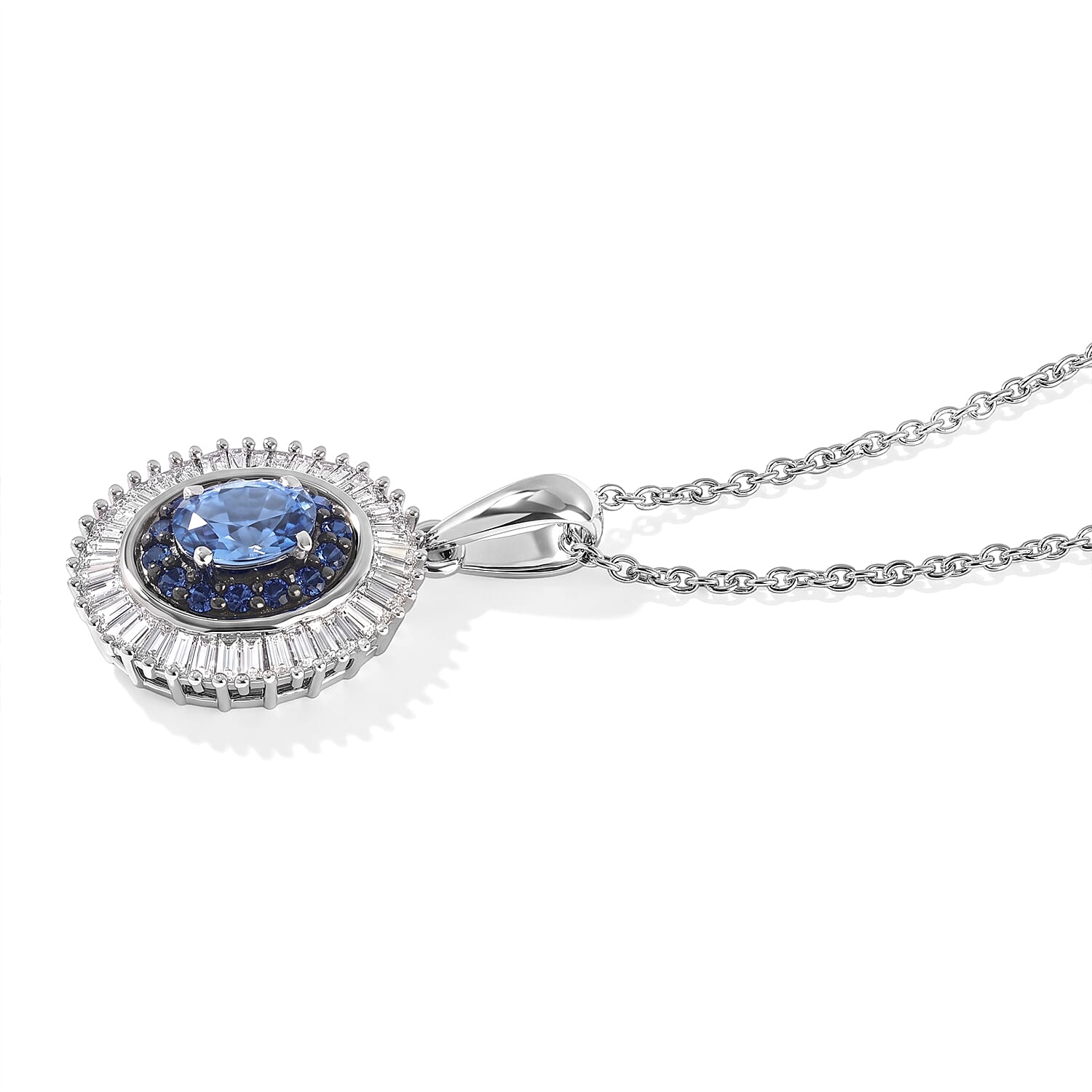 D'Joy Premium Ceylon Blue Sapphire and Blue Sapphire, Diamond 1.10 ctw Pendant Necklace in Rhodium Over Sterling Silver 20 Inches