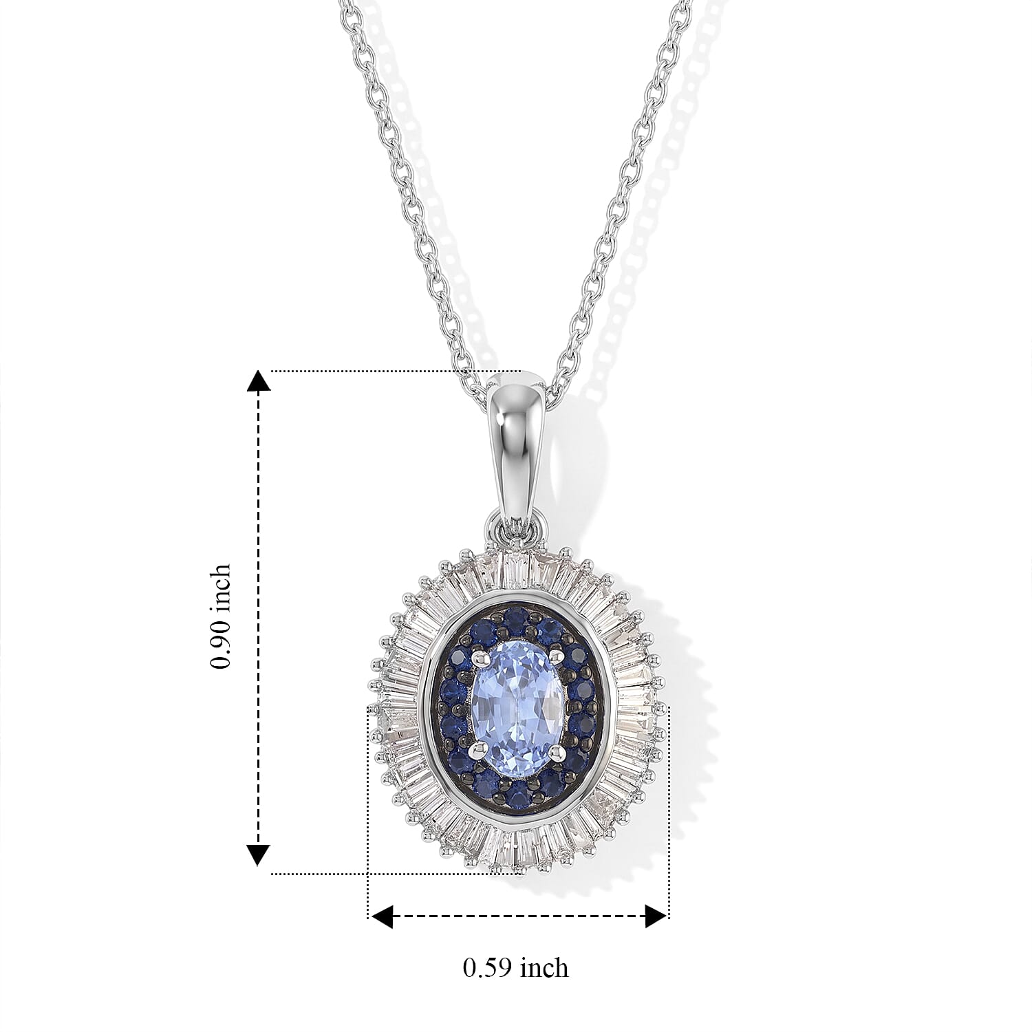 D'Joy Premium Ceylon Blue Sapphire and Blue Sapphire, Diamond 1.10 ctw Pendant Necklace in Rhodium Over Sterling Silver 20 Inches