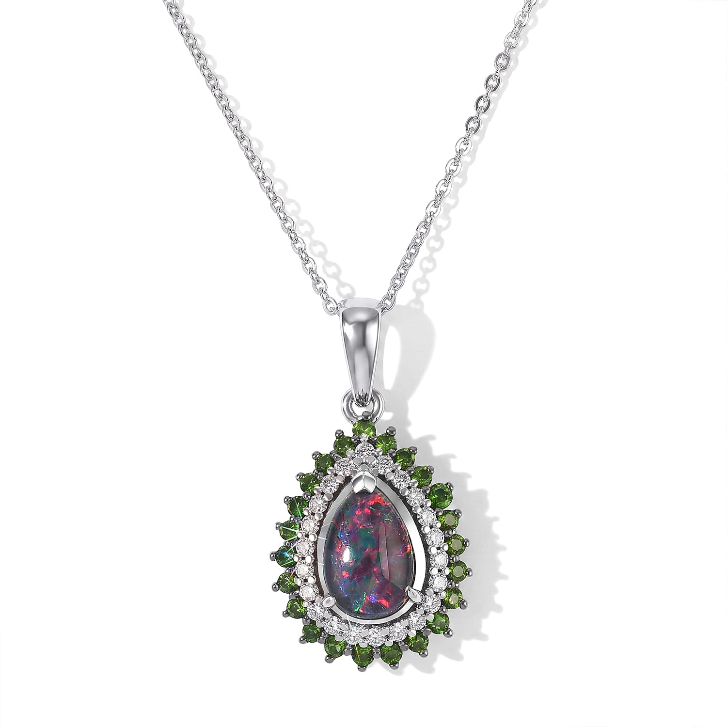 D''Joy Premium Australian Black Ridge Opal Triplet, Multi Gemstone Celestial Splendor Pendant Necklace (20 Inches) in Rhodium Over Sterling Silver (Ships in 10-12 Days) 1.60 ctw