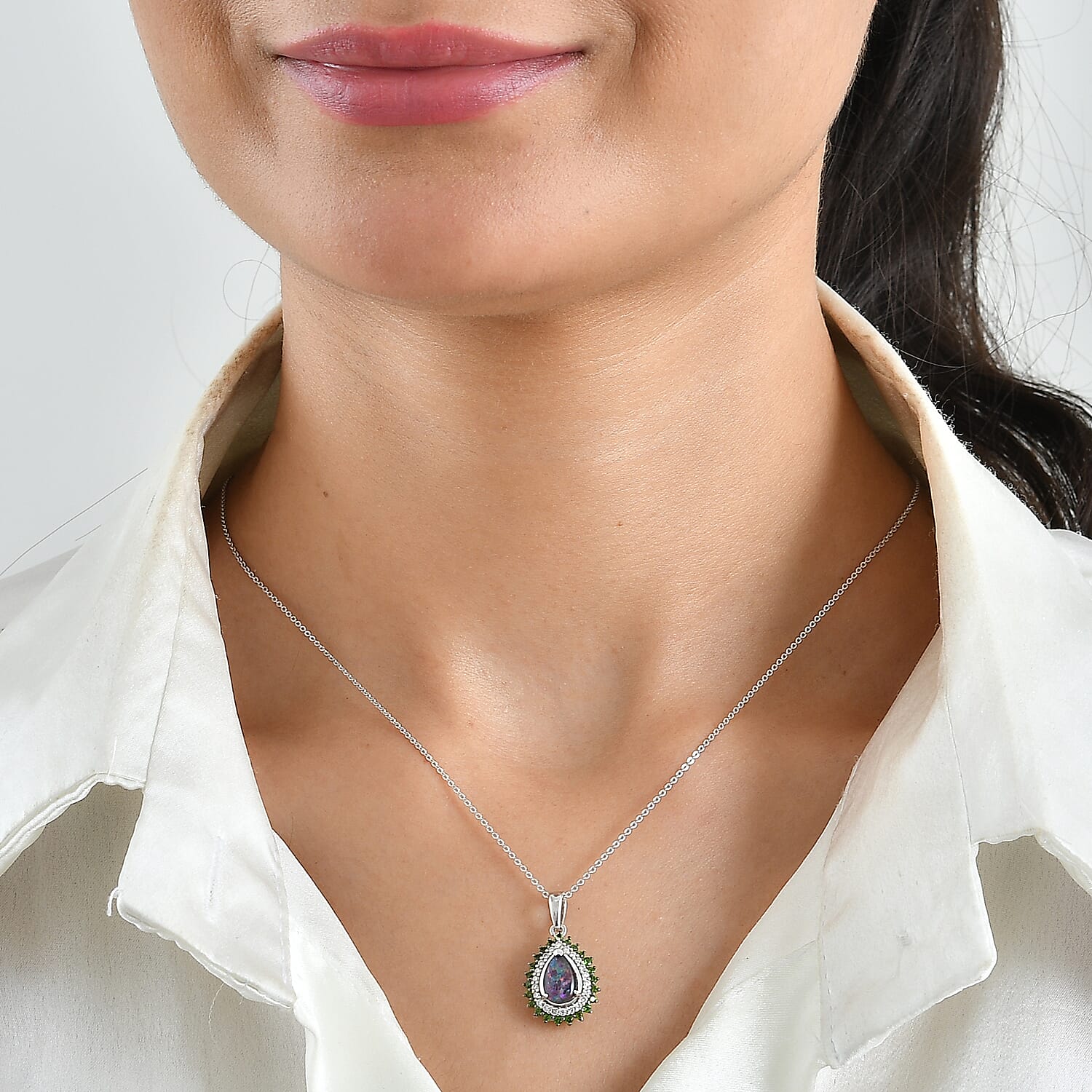 D'Joy Premium Australian Black Ridge Opal Triplet and Multi Gemstone 1.60 ctw Celestial Splendor Pendant Necklace in Rhodium Over Sterling Silver 20 Inches