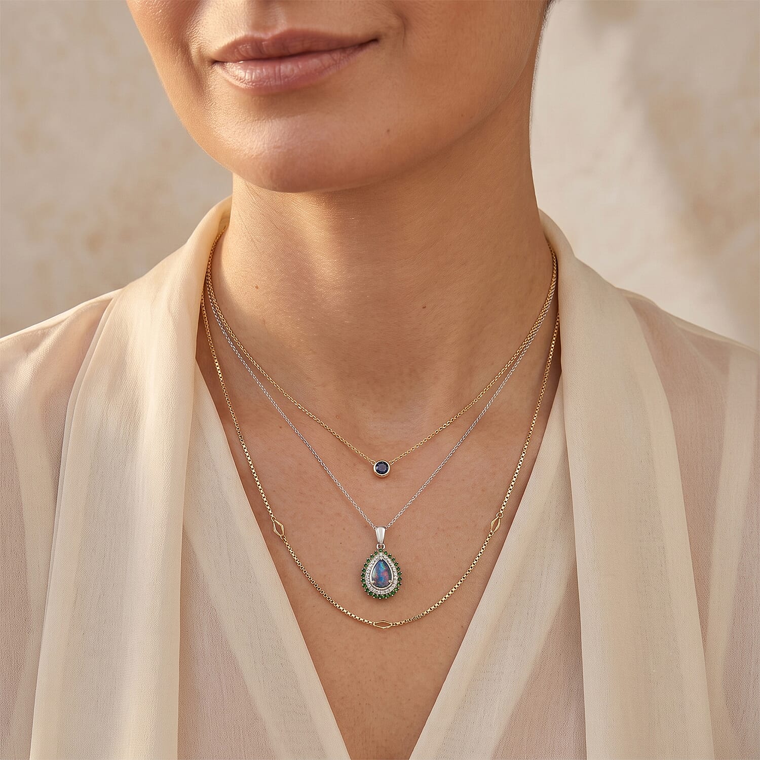 D'Joy Premium Australian Black Ridge Opal Triplet and Multi Gemstone 1.60 ctw Celestial Splendor Pendant Necklace in Rhodium Over Sterling Silver 20 Inches