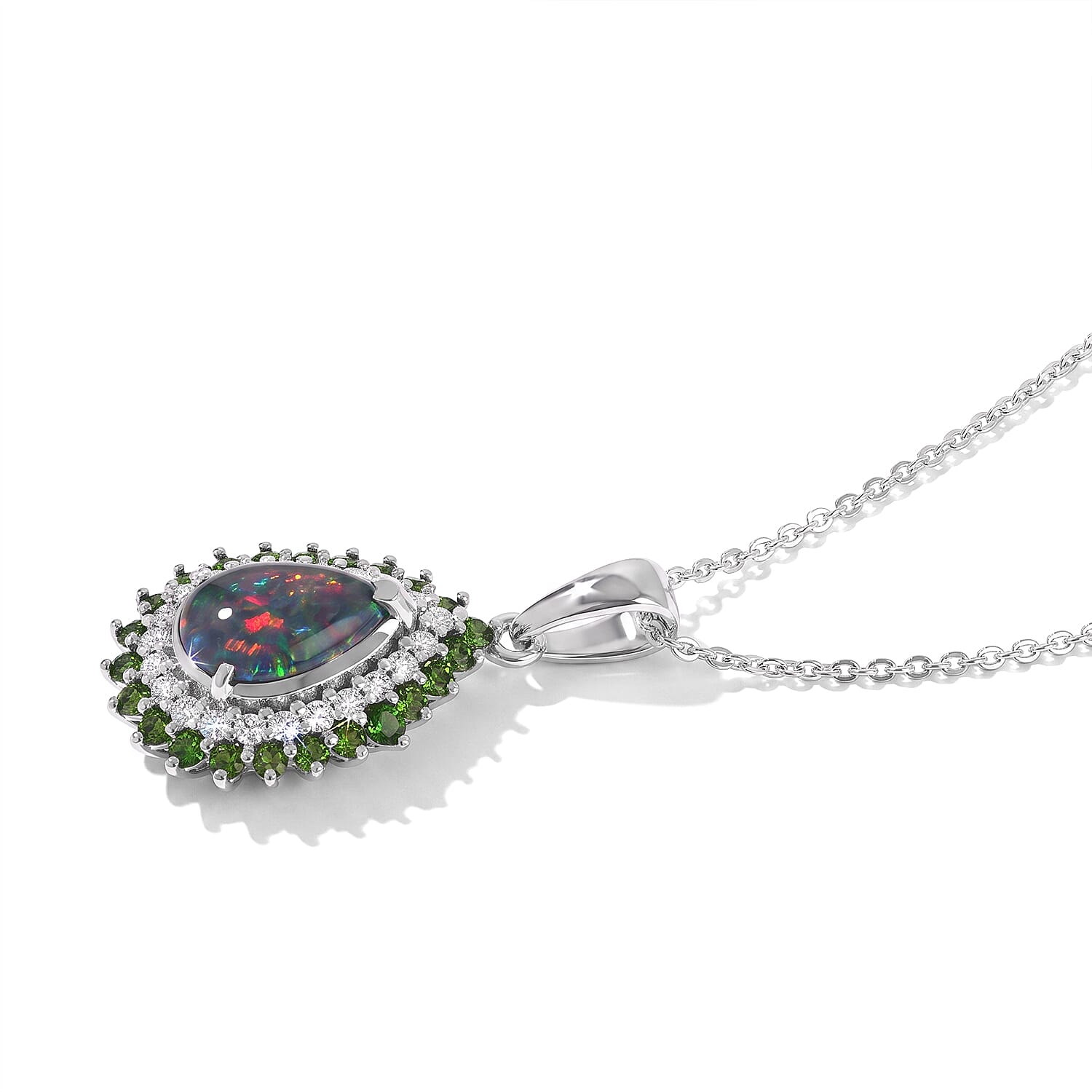 D'Joy Premium Australian Black Ridge Opal Triplet and Multi Gemstone 1.60 ctw Celestial Splendor Pendant Necklace in Rhodium Over Sterling Silver 20 Inches