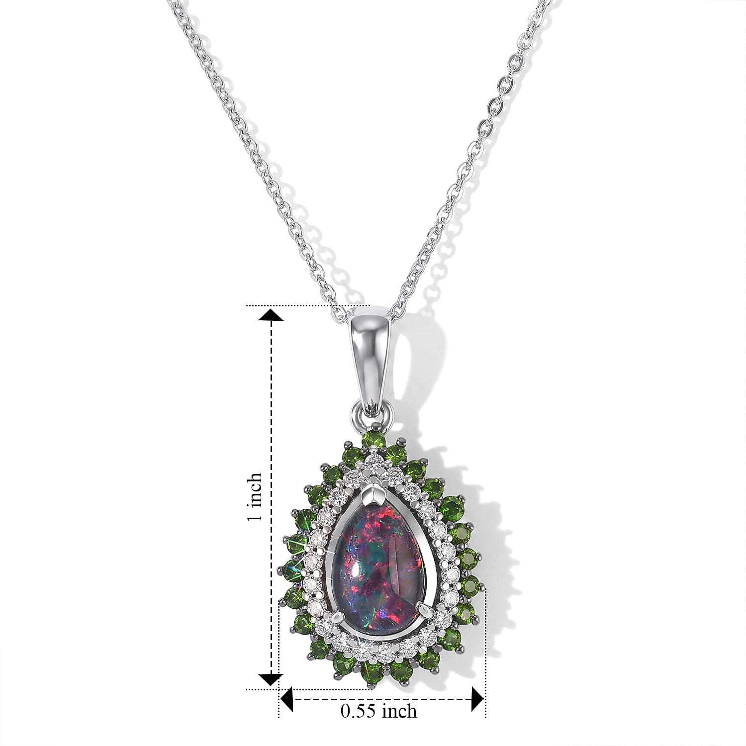 D'Joy Premium Australian Black Ridge Opal Triplet and Multi Gemstone 1.60 ctw Celestial Splendor Pendant Necklace in Rhodium Over Sterling Silver 20 Inches