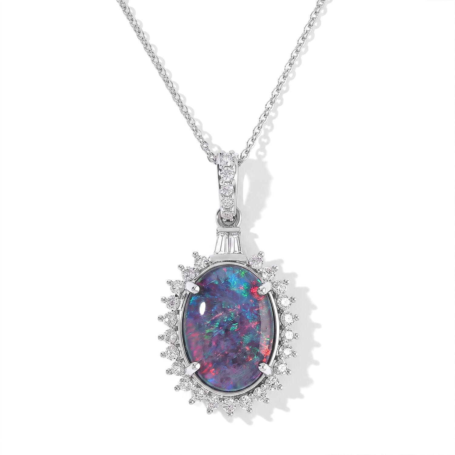 D''Joy Premium Australian Black Ridge Opal Triplet, Moissanite Pendant Necklace (20 Inches) in Rhodium Over Sterling Silver 3.60 ctw