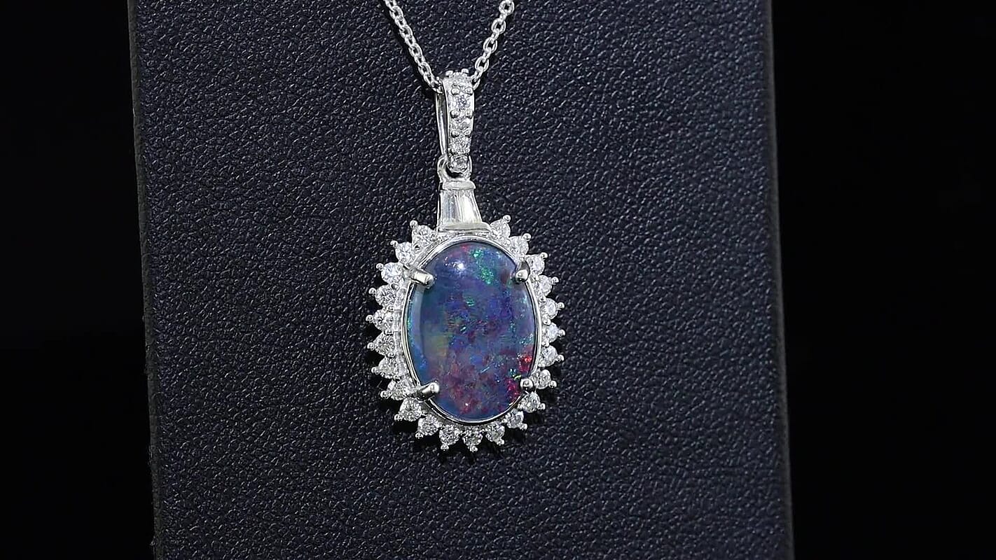 D''Joy Premium Australian Black Ridge Opal Triplet, Moissanite Pendant Necklace (20 Inches) in Rhodium Over Sterling Silver 3.60 ctw