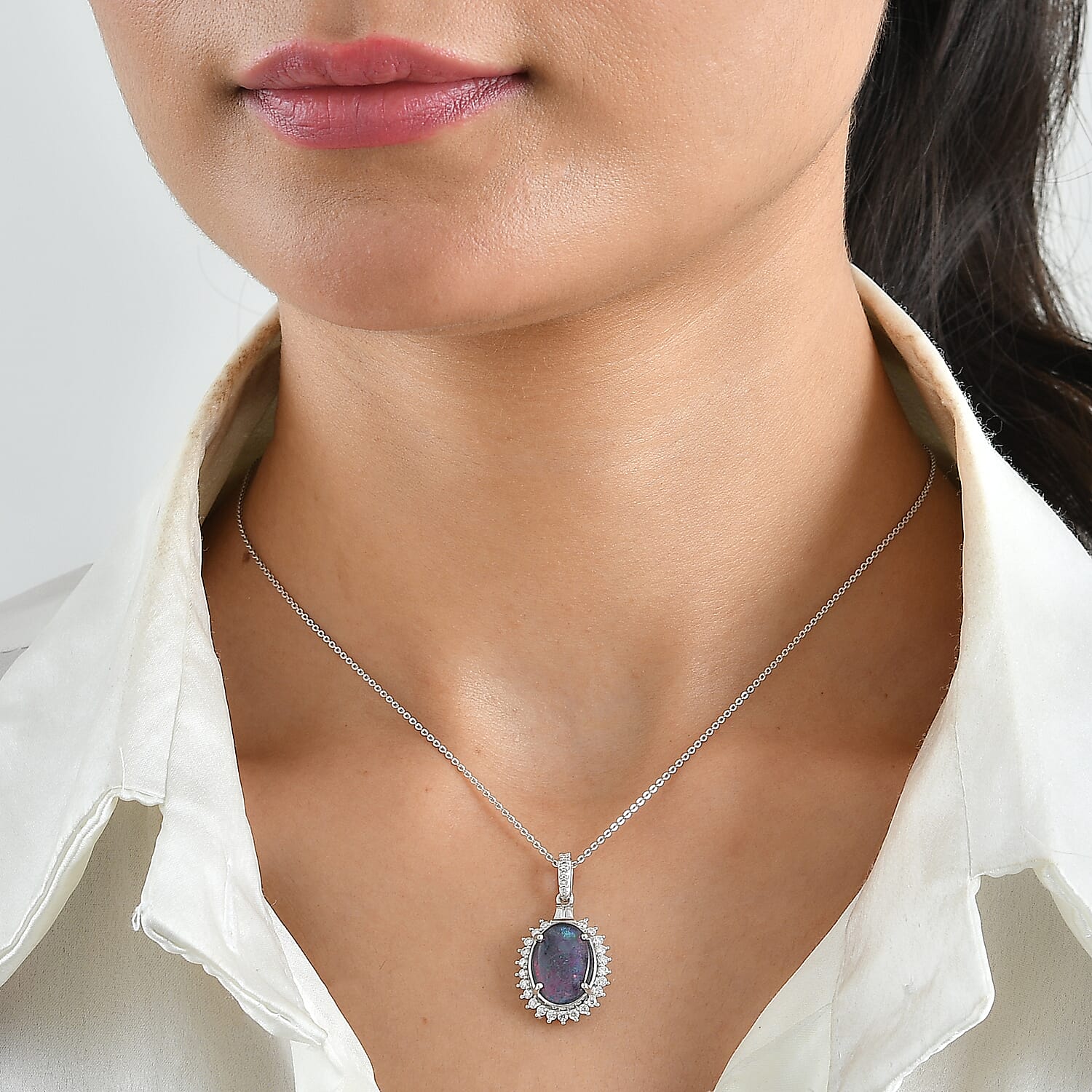 D'Joy Premium Australian Black Ridge Opal Triplet and Moissanite 3.60 ctw Midnight Empress Pendant Necklace in Rhodium Over Sterling Silver 20 Inches