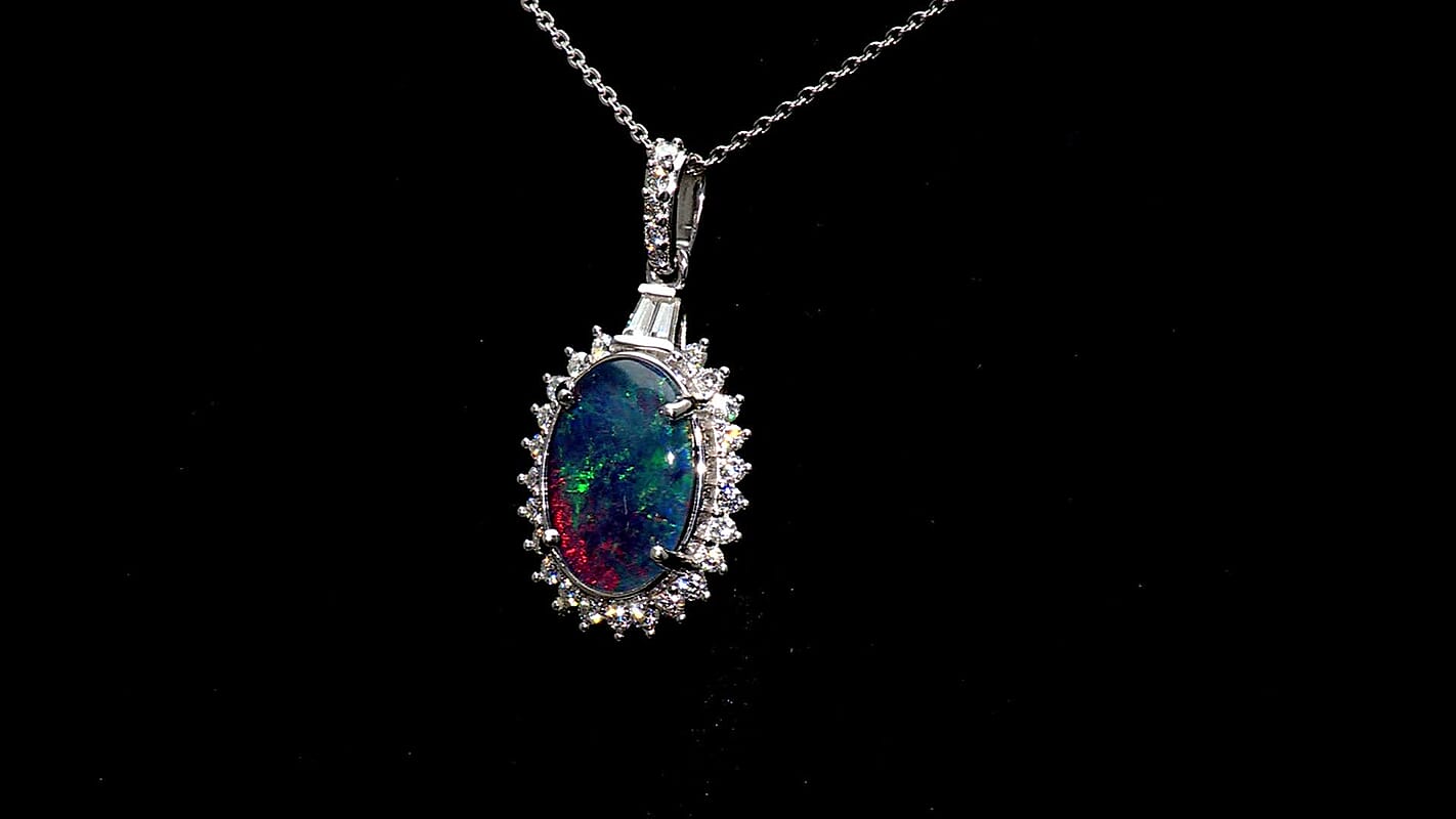 D''Joy Premium Australian Black Ridge Opal Triplet, Moissanite Pendant Necklace (20 Inches) in Rhodium Over Sterling Silver 3.60 ctw