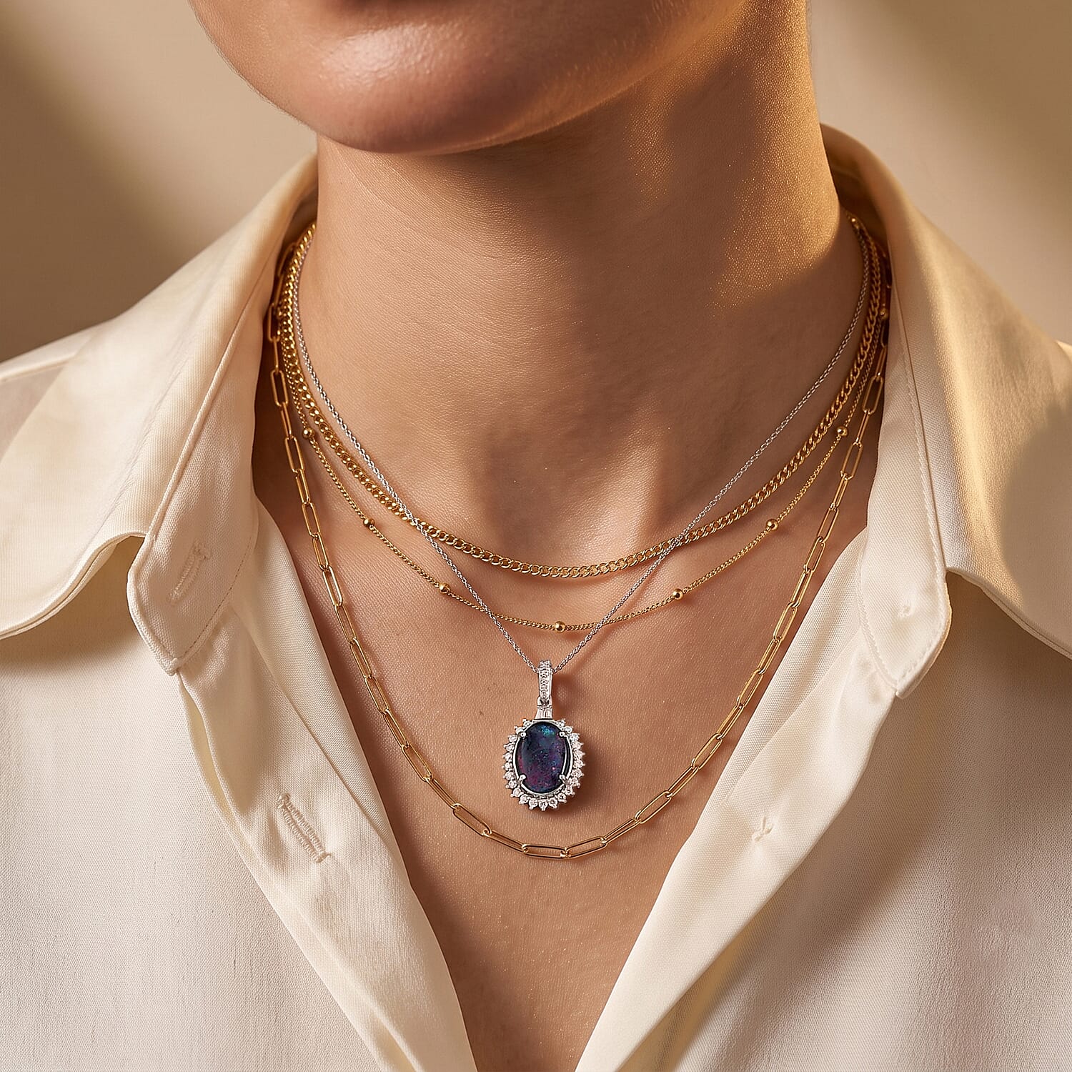 D'Joy Premium Australian Black Ridge Opal Triplet and Moissanite 3.60 ctw Midnight Empress Pendant Necklace in Rhodium Over Sterling Silver 20 Inches