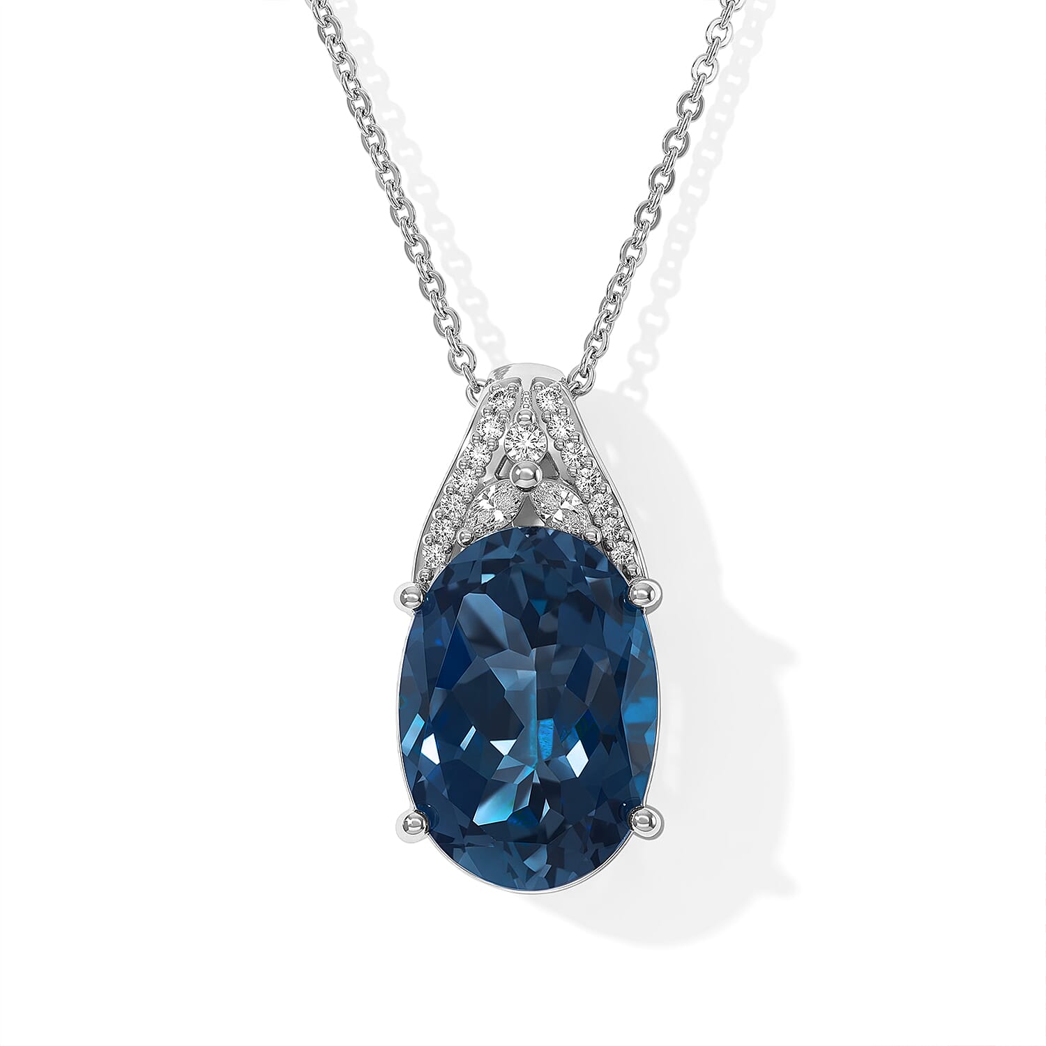 Certified & Appraised D'Joy Premium London Blue Topaz and Moissanite 7.15 ctw Pendant Necklace in Rhodium Over Sterling Silver 20 Inches