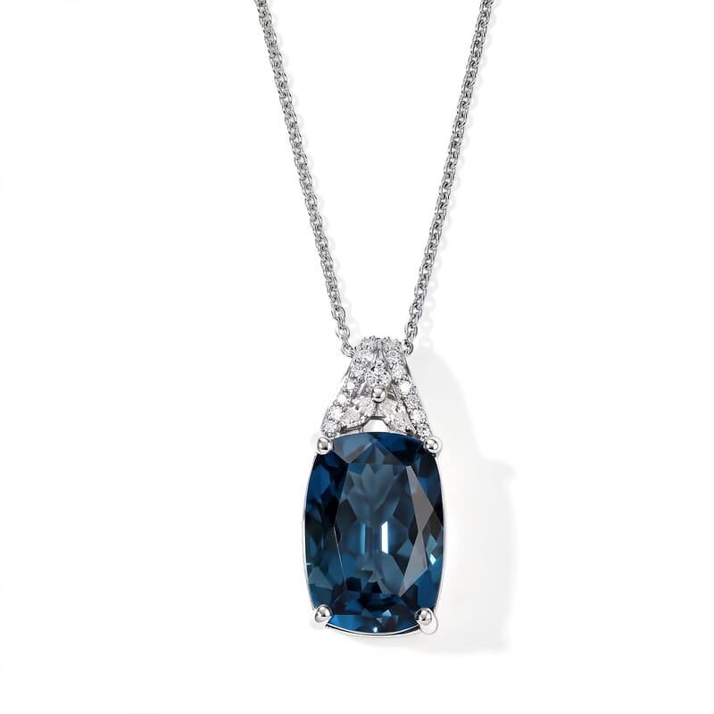 D'Joy Premium London Blue Topaz and Moissanite 7.70 ctw Midnight Horizon Pendant Necklace in Rhodium Over Sterling Silver 20 Inches