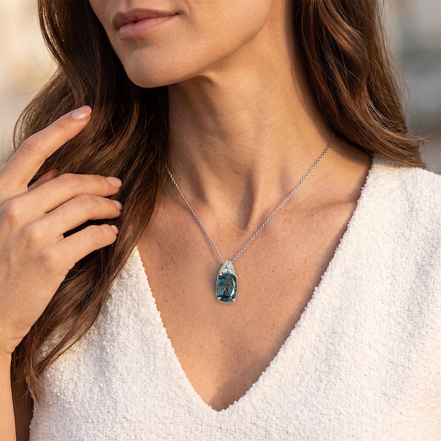 D'Joy Premium London Blue Topaz and Moissanite 7.70 ctw Midnight Horizon Pendant Necklace in Rhodium Over Sterling Silver 20 Inches
