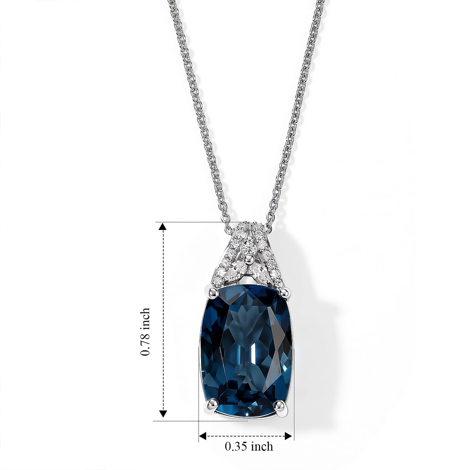 D'Joy Premium London Blue Topaz and Moissanite 7.70 ctw Midnight Horizon Pendant Necklace in Rhodium Over Sterling Silver 20 Inches