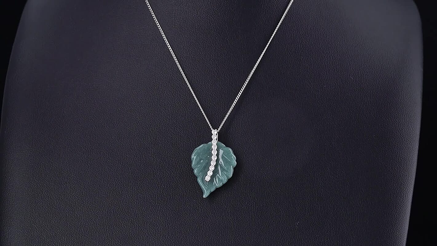 D''Joy Natural Olmec Jadeite and Moissanite 16.10 ctw Carved Leaf Pendant Necklace in Rhodium Over Sterling Silver 18 Inches