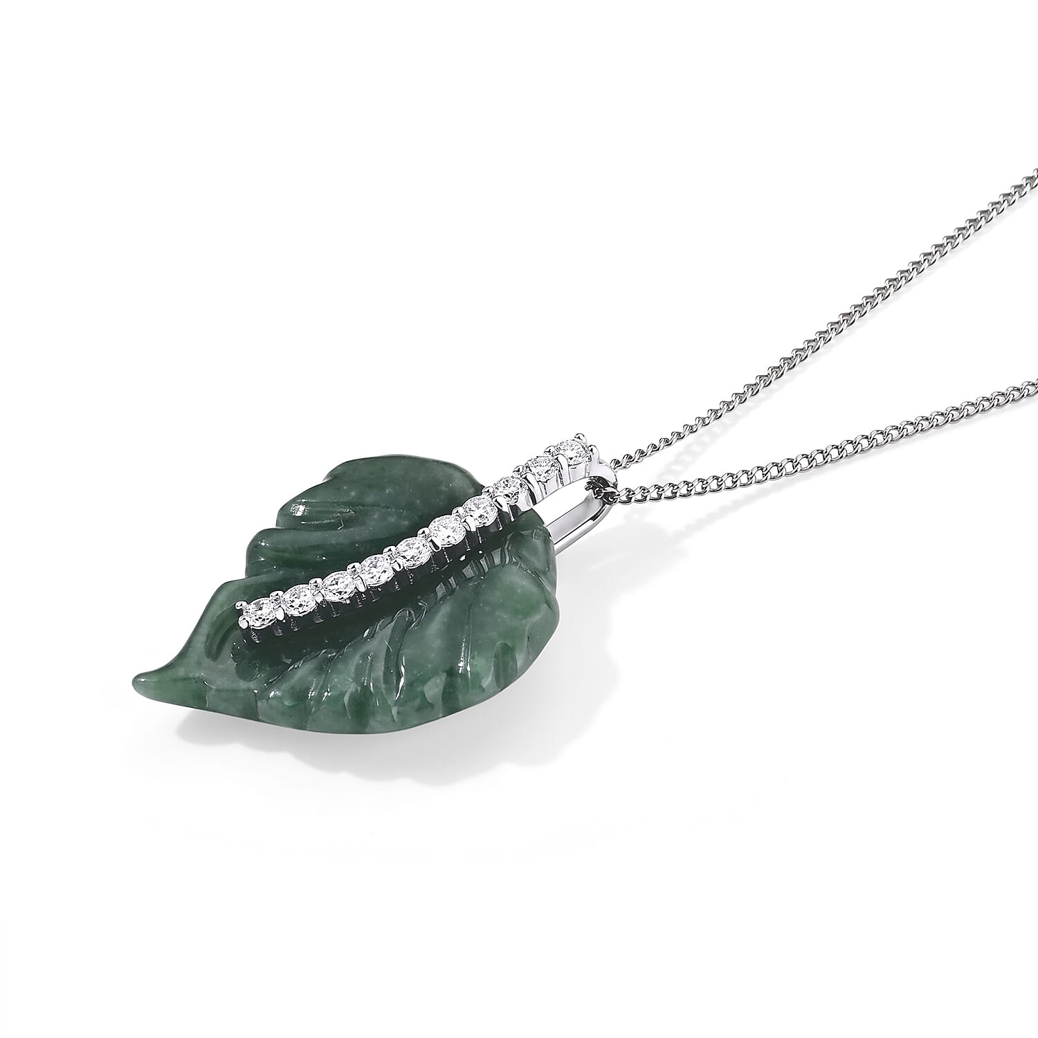 D'Joy Natural Olmec Jadeite and Moissanite 16.10 ctw Carved Leaf Pendant Necklace in Rhodium Over Sterling Silver 18 Inches