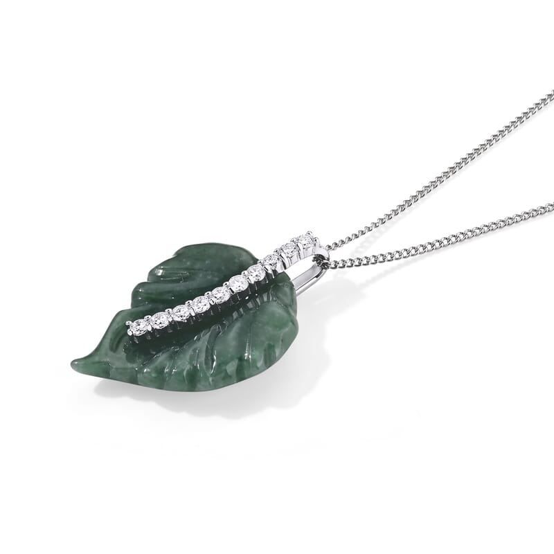 D'Joy Natural Olmec Jadeite and Moissanite 16.10 ctw Carved Leaf Pendant Necklace in Rhodium Over Sterling Silver 18 Inches