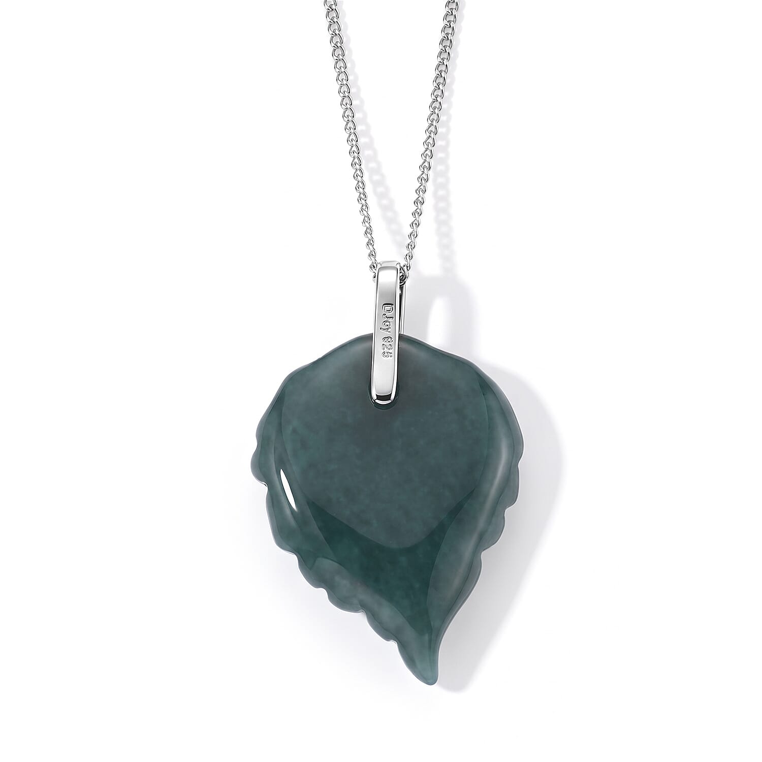 D'Joy Natural Olmec Jadeite and Moissanite 16.10 ctw Carved Leaf Pendant Necklace in Rhodium Over Sterling Silver 18 Inches