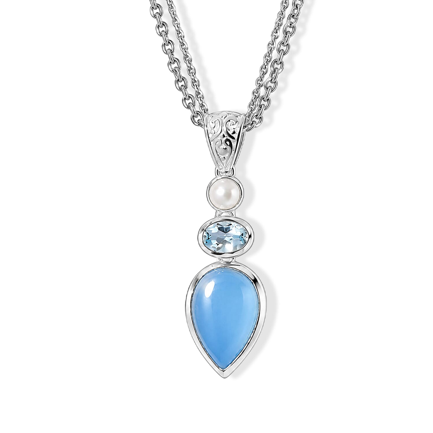 D'Joy Blue Chalcedony Enhanced and Multi Gemstone 5.25 ctw Pendant Necklace (20 Inches) in Sterling Silver and Stainless Steel Necklace (24 Inches)