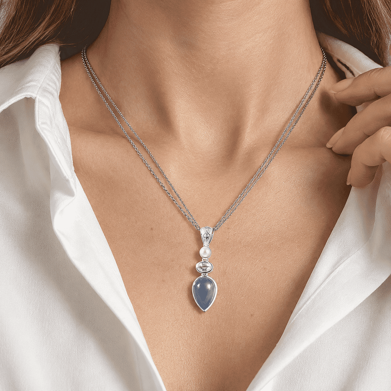 D'Joy Blue Chalcedony Enhanced and Multi Gemstone 5.25 ctw Pendant Necklace (20 Inches) in Sterling Silver and Stainless Steel Necklace (24 Inches)