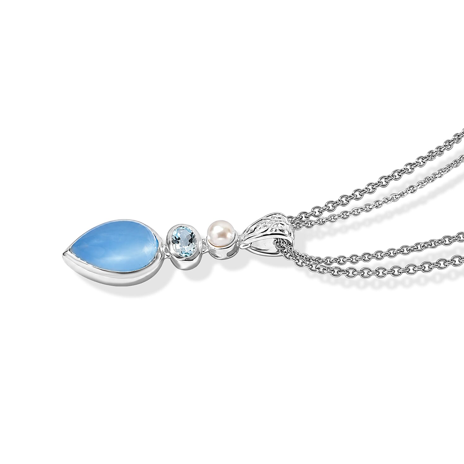 D'Joy Blue Chalcedony Enhanced and Multi Gemstone 5.25 ctw Pendant Necklace (20 Inches) in Sterling Silver and Stainless Steel Necklace (24 Inches)