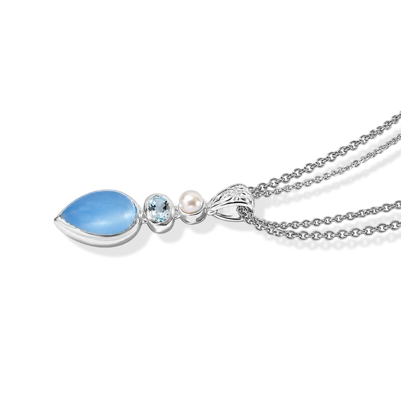 D'Joy Blue Chalcedony Enhanced and Multi Gemstone 5.25 ctw Pendant Necklace (20 Inches) in Sterling Silver and Stainless Steel Necklace (24 Inches)