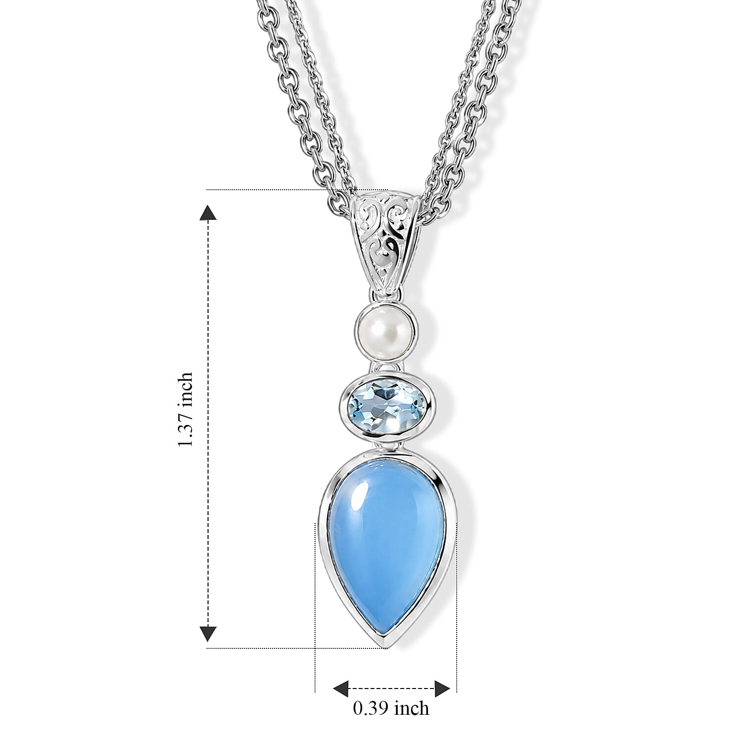 D'Joy Blue Chalcedony Enhanced and Multi Gemstone 5.25 ctw Pendant Necklace (20 Inches) in Sterling Silver and Stainless Steel Necklace (24 Inches)