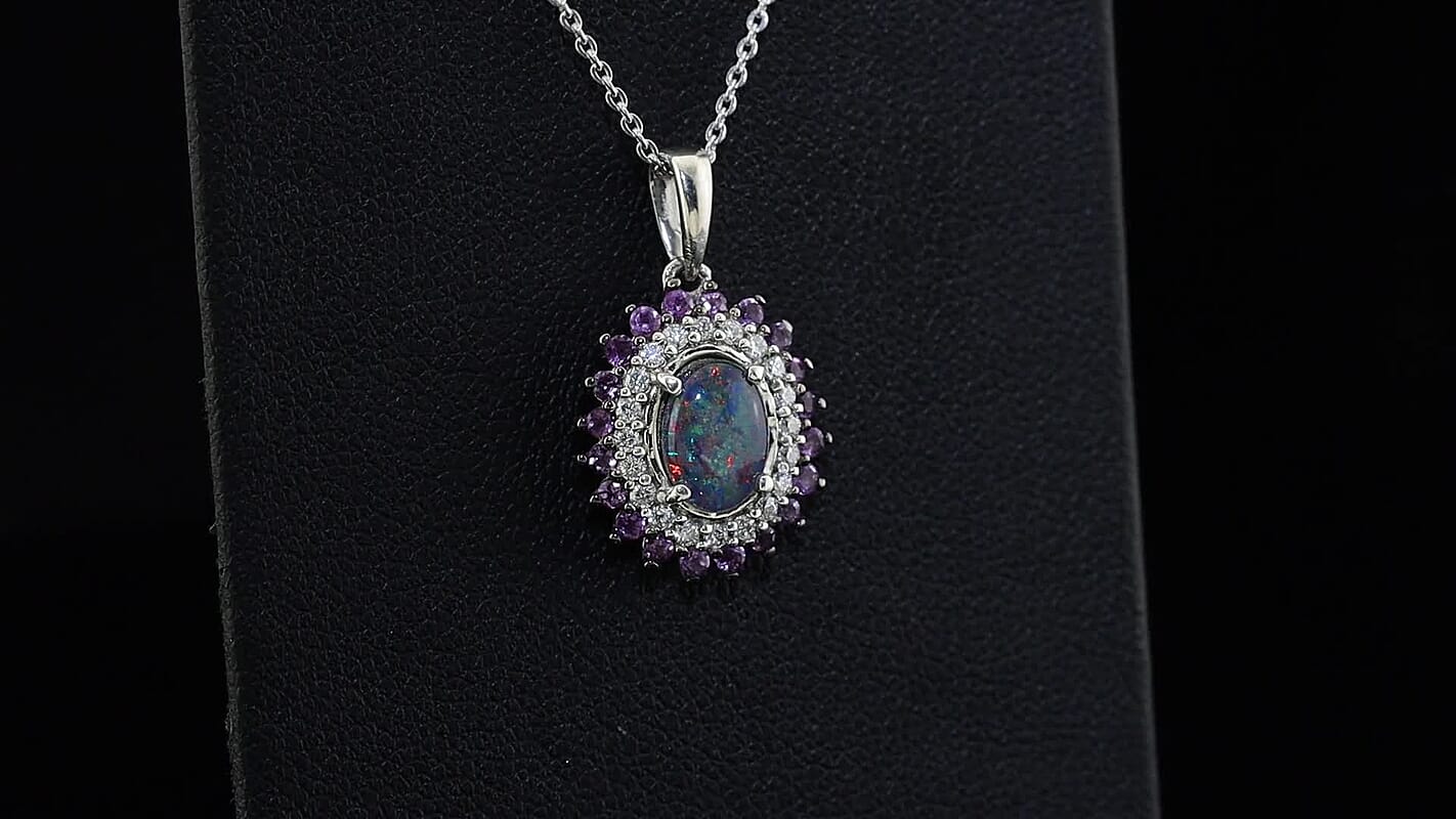 D''Joy Premium Australian Black Ridge Opal Triplet, Multi Gemstone Celestial Splendor Pendant Necklace (20 Inches) in Rhodium Over Sterling Silver (Ships in 10-12 Days) 1.50 ctw