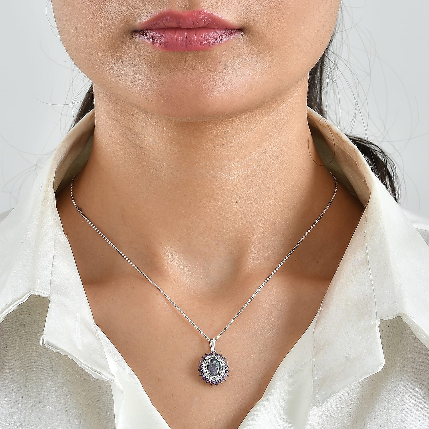 D'Joy Premium Australian Black Ridge Opal Triplet and Multi Gemstone 1.50 ctw Celestial Splendor Pendant Necklace in Rhodium Over Sterling Silver 20 Inches