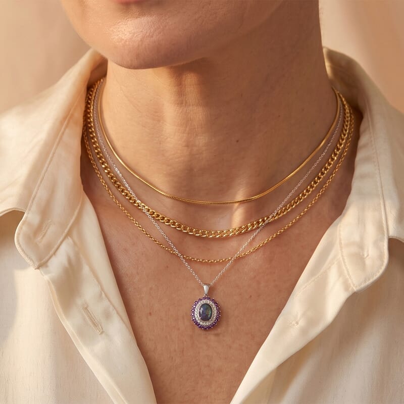 D'Joy Premium Australian Black Ridge Opal Triplet and Multi Gemstone 1.50 ctw Celestial Splendor Pendant Necklace in Rhodium Over Sterling Silver 20 Inches
